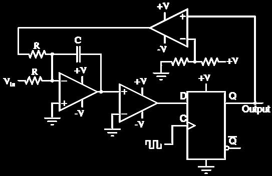 SIGMA - DELTA (ΣΔ) AD KONVERTOR Neka je na ulazu pozitivan napon V in > 0. Kada je Q = 1, kondenzator se prazni (napon na izlazu OP-a se smanjuje) strujom (V + V in )/R.