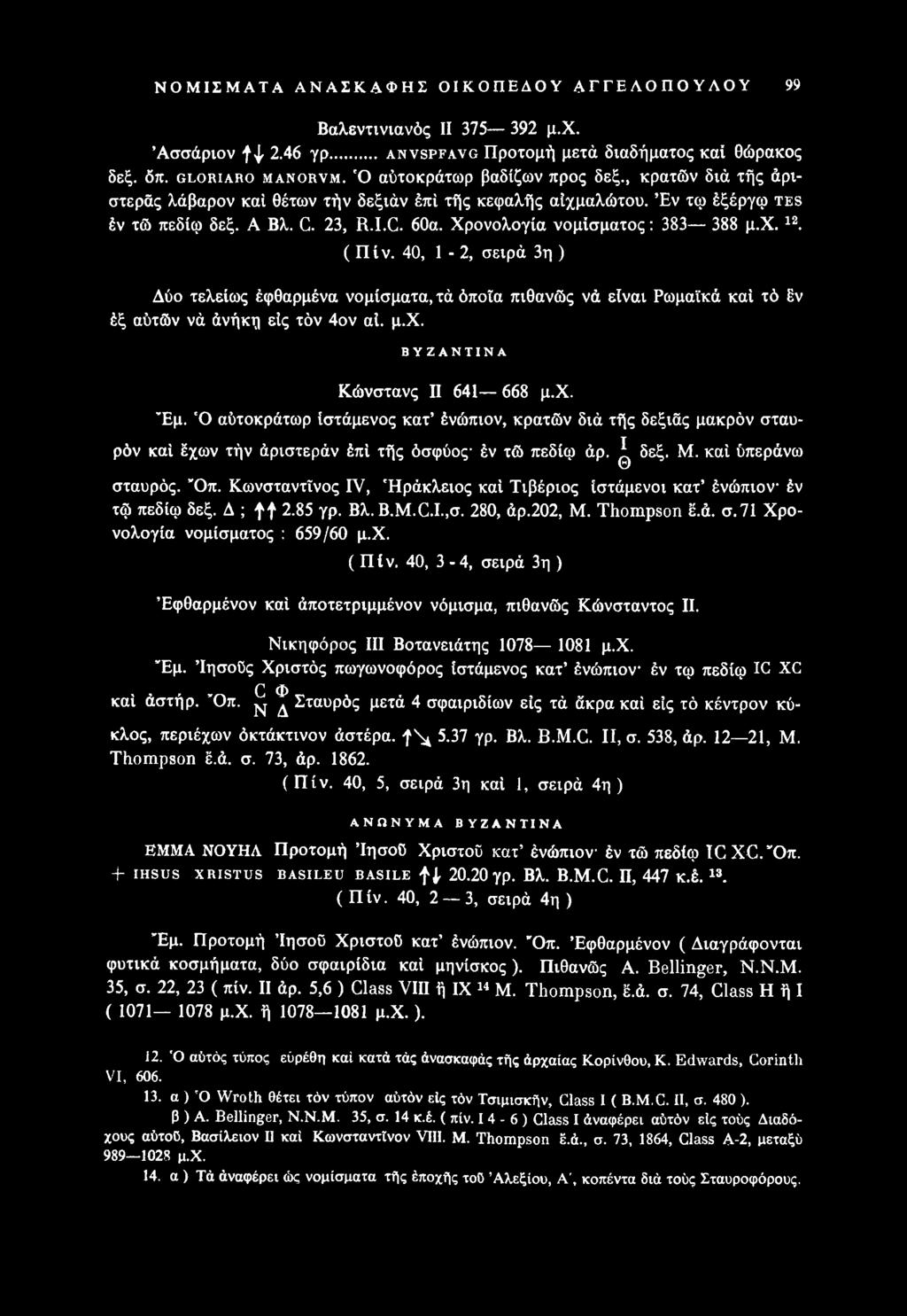 Κωνσταντίνος IV, Ηράκλειος καί Τιβέριος ίστάμενοι κατ ένώπιον έν τφ πεδίφ δεξ. Δ ; ff 2.85 γρ. Βλ.B.M.C.I-,σ. 280, άρ.202, Μ. Thompson έ.ά. σ.71 Χρονολογία νομίσματος : 659/60 μ.χ. ( Πίν.