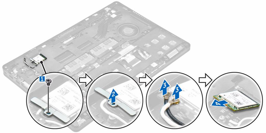 Αφαίρεση της κάρτας WLAN 1. Ακολουθήστε τη διαδικασία που παρατίθεται στην ενότητα Πριν από την εκτέλεση εργασιών στο εσωτερικό του 2. Αφαιρέστε τα εξής εξαρτήματα: a. κάλυμμα βάσης b. μπαταρία 3.