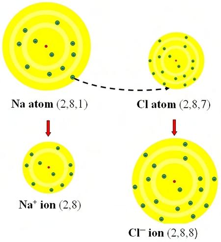 nabiti odbijajo. Pozitivno nabiti ion se imenuje tudi kation, negativno nabiti ion pa anion. Nastanek ionske vezi, ko atom natrija odda svoj zunanji elektron atomu klora.