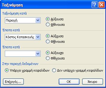 9 η Εργαστηριακή Άσκηση (Excel) Ταξινόμηση Δεδομένων Μπορούμε να ταξινομήσουμε τα στοιχεία του πίνακα ανά πεδίο και με οποιαδήποτε σειρά.