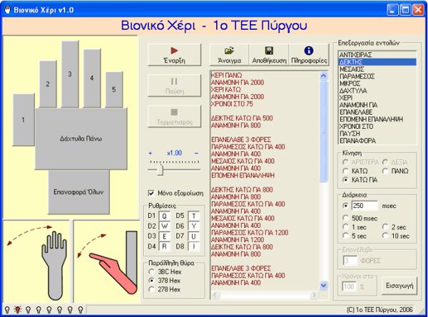Λογισμικό ελέγχου & προγραμματισμού των κινήσεων του βιονικού χεριού Για τον έλεγχο του χεριού μέσω Η/Υ αναπτύχθηκε εκ του μηδενός από την ομάδα του έργου κατάλληλο λογισμικό για χρήση του από το