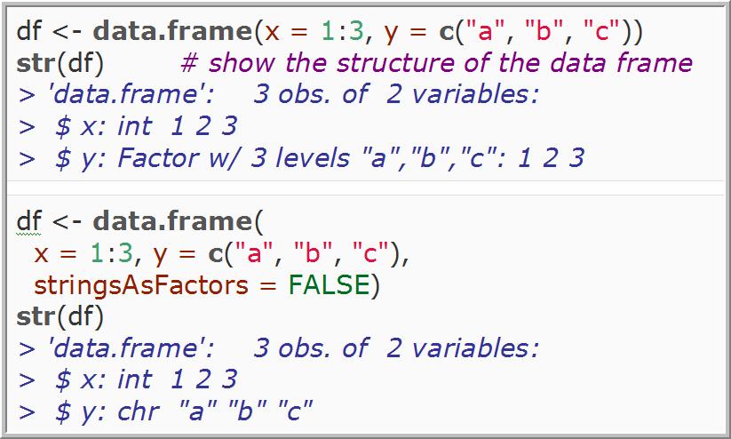 frame () µετατρέπει σειρά χαρακτήρων σε παράγοντες (factors) καταστολή αυτής της συµπεριφοράς nrow () δίνει τον αριθµό των γραµµών Για τα µικρά σύνολα δεδοµένων, κάθε µία