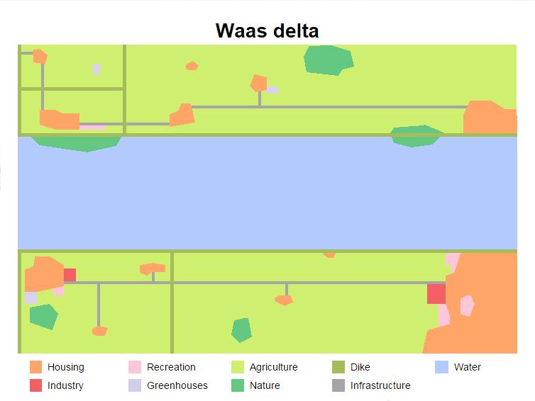 3. Χάρτης της περιοχής του δέλτα Waas: Στο χάρτη αυτό παρουσιάζονται όλα τα χαρακτηριστικά που υπάρχουν στην περιοχή όπως είναι τα αναχώματα, οι κατοικήσιμες περιοχές, οι περιοχές ανοικοδόμησης, οι