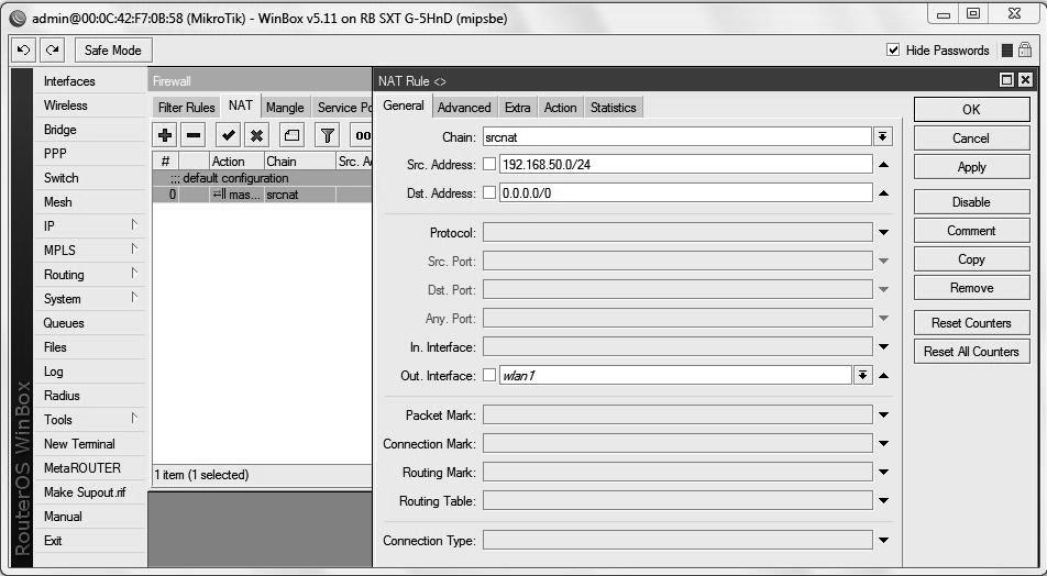 XI Вежба Слика 11.9 : Подешавање превођења мрежних адреса MikroTik пружа велики број могућности контроле протока мрежног саобраћаја.