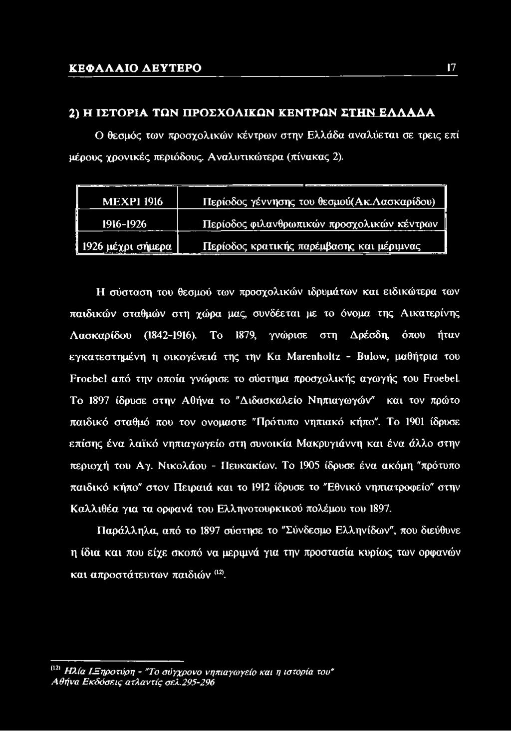 λασκαρίδου) 1916-1926 Περίοδος φιλανθρωπικών προσχολικών κέντρων 1926 μέχρι σήμερα Περίοδος κρατικής παρέμβασης και μέριμνας Η σύσταση του θεσμού των προσχολικών ιδρυμάτων και ειδικότερα των παιδικών