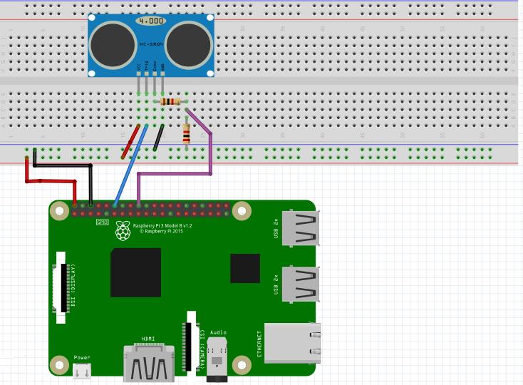 Εικόνα 79: Κύκλωμα HC-SR04 μέσω Fritzing Όπως βλέπουμε στην εικόνα 79 το κύκλωμα διαθέτει 6 καλώδια διαφορετικών χρωμάτων ανάλογα με την λειτουργία τους, δύο αντιστάσεις (1kΩ, 2kΩ), η 1kΩ, είναι η