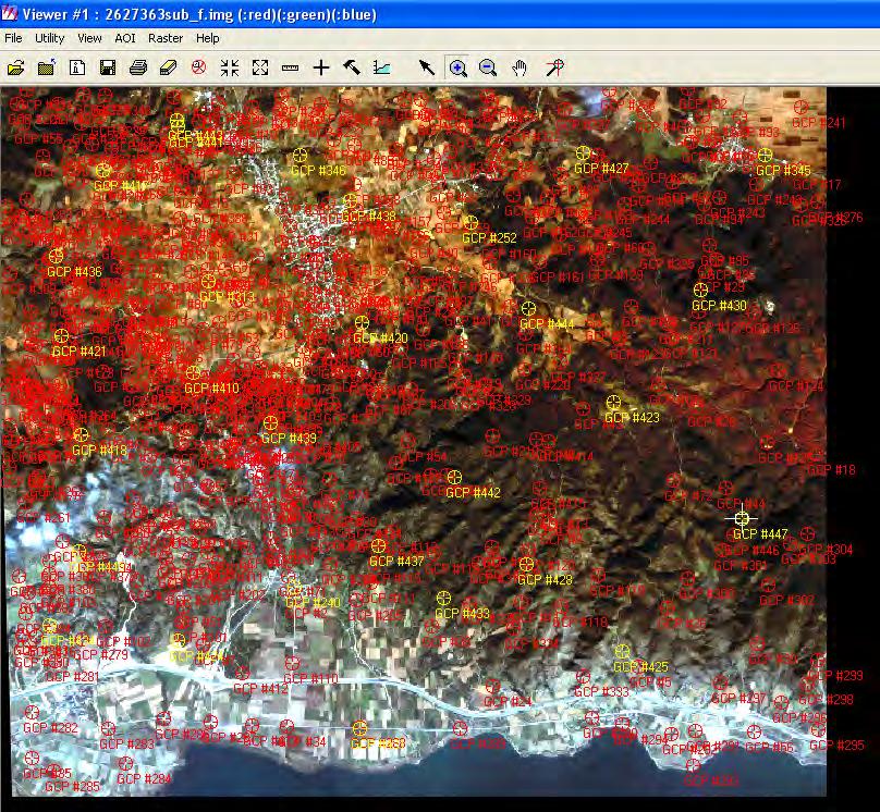 εντοπίστηκαν πάνω από 1000 σημεία επίγειου ελέγχου (Εικ. 4.8) στο σύνολο των εικόνων της περιοχής, ενώ το μέσο τετραγωνικό σφάλμα από τα ανεξάρτητα σημεία ελέγχου ήταν 1,9 (RMS<2) δηλαδή 2 μέτρα.