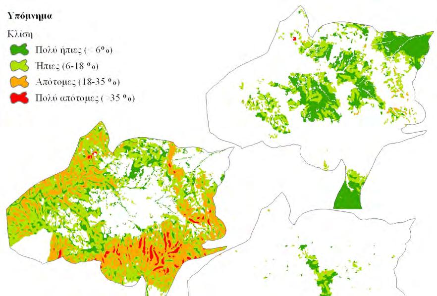5.4.3. Φυσιογραφικά χαρακτηριστικά 5.4.3.1. Κλίση πλαγιάς Στην εικόνα 5.14 παρουσιάζεται η ανάλυση της κλίσης σε τέσσερις κλάσεις, ανάλογα με την ευαισθησία τους στην ερημοποίηση (Kosmas et al.