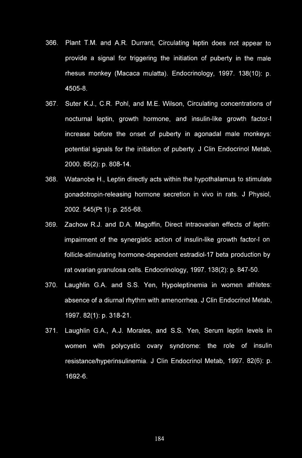 366. Plant T.M. and A.R. Durrant, Circulating leptin does not appear to provide a signal for triggering the initiation of puberty in the male rhesus monkey (Macaca mulatta). Endocrinology, 1997.