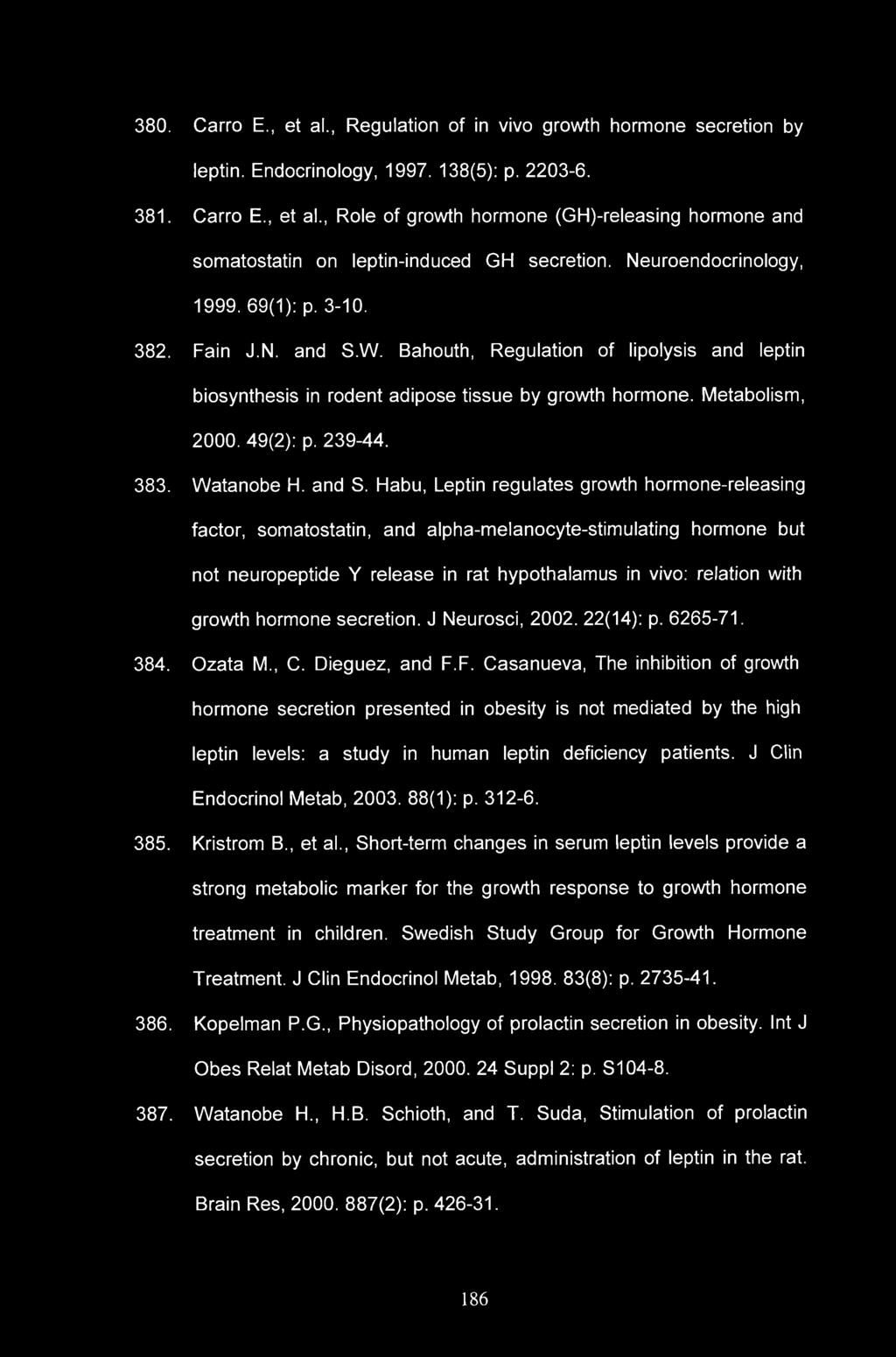 380. Carro E., et al., Regulation of in vivo growth hormone secretion by leptin. Endocrinology, 1997. 138(5): p. 2203-6. 381. Carro E., et al., Role of growth hormone (GH)-releasing hormone and somatostatin on leptin-induced GH secretion.