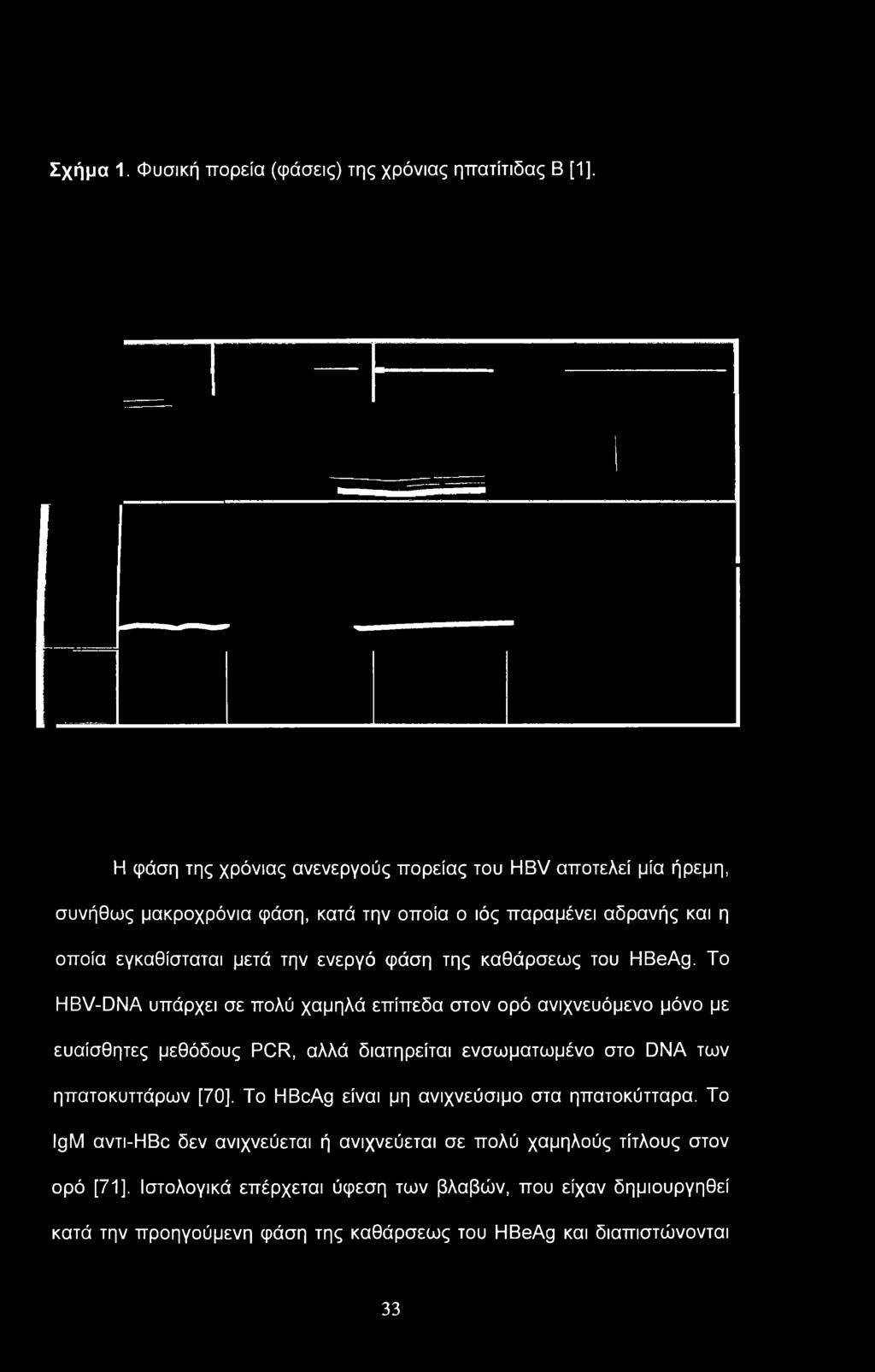 Το HBV-DNA υπάρχει σε πολύ χαμηλά επίπεδα στον ορό ανιχνευόμενο μόνο με ευαίσθητες μεθόδους PCR, αλλά διατηρείται