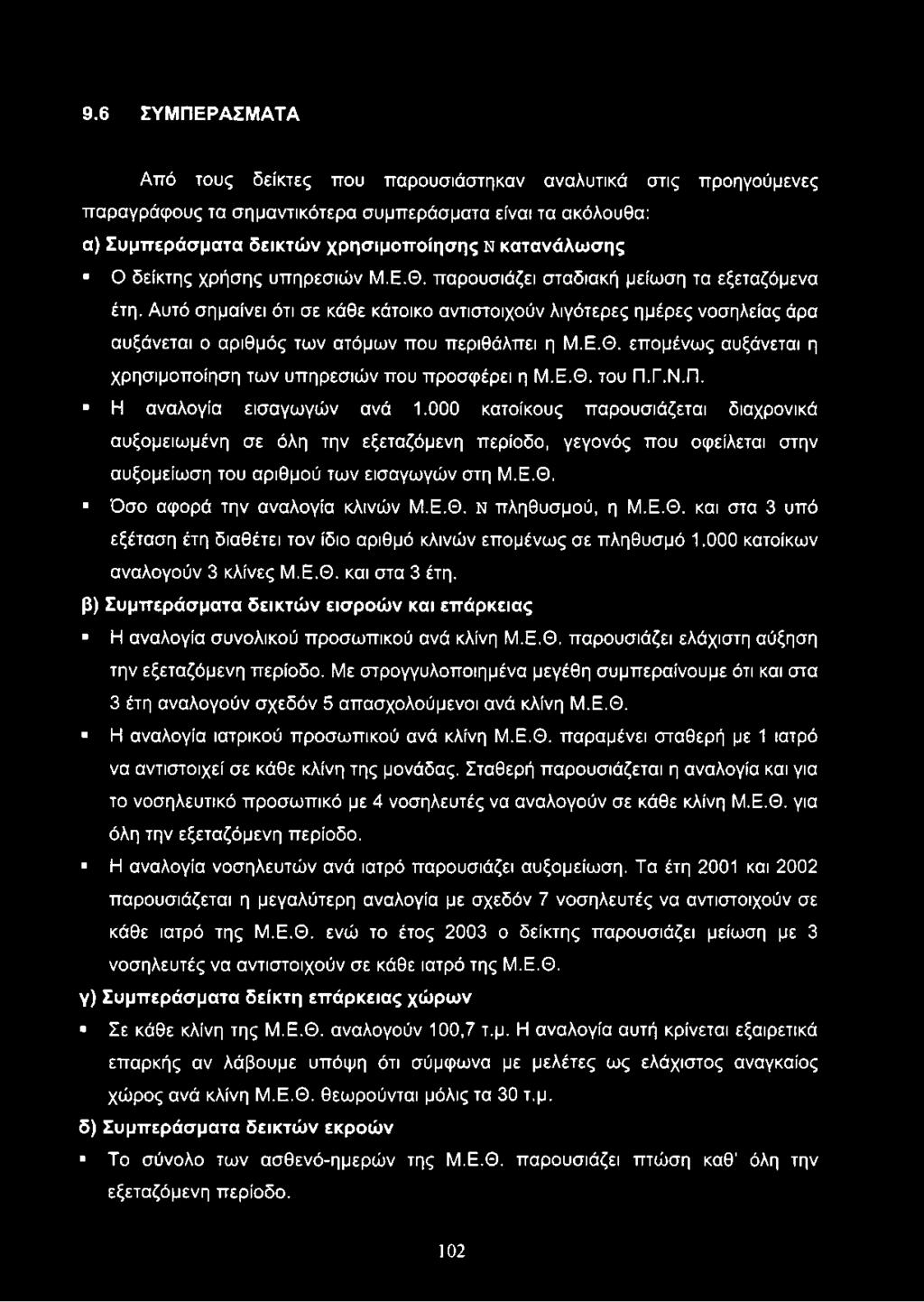 Ε.Θ. Όσο αφορά την αναλογία κλινών Μ.Ε.Θ. ν πληθυσμού, η Μ.Ε.Θ. και στα 3 υπό εξέταση έτη διαθέτει τον ίδιο αριθμό κλινών επομένως σε πληθυσμό 1.000 κατοίκων αναλογούν 3 κλίνες Μ.Ε.Θ. και στα 3 έτη.