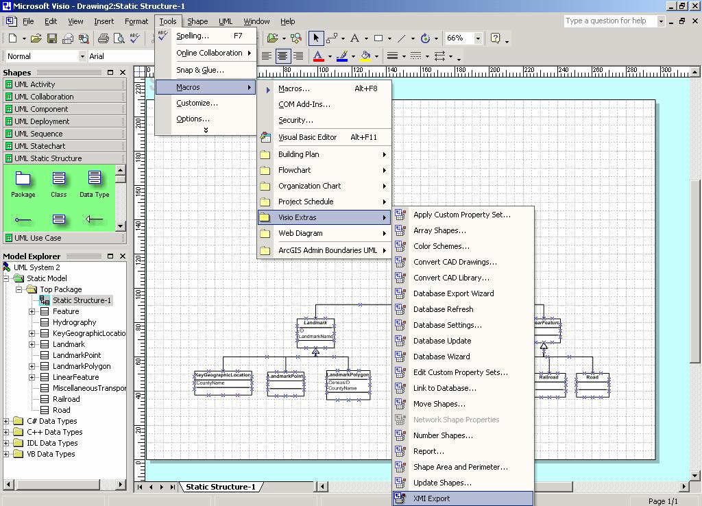 Σχήμα 5.3. Εμφάνιση της επιλογής XMI Export στο Menu του Microsoft Visio 3. Για την προβολή του εξαγόμενου αρχείου XMI με τον Microsoft Internet Explorer, χρειάζεται: Προμήθεια του προτύπου uml.