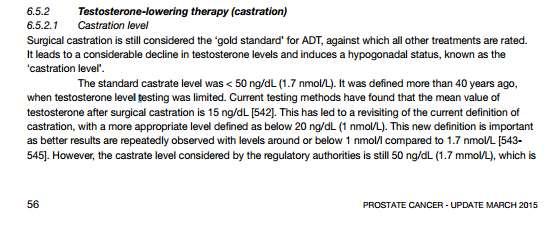 Οι κατευθυντήριες οδηγίες της EAU συνιστούν <20 ng/dl Οι κατευθυντήριες οδηγίες θεραπείας της EAU συνιστούν πλέον ως βέλτιστα επίπεδα τεστοστερόνης ευνουχισμού τα <20 ng/dl (<0,7 nmol/l) 1 Αυτό είναι