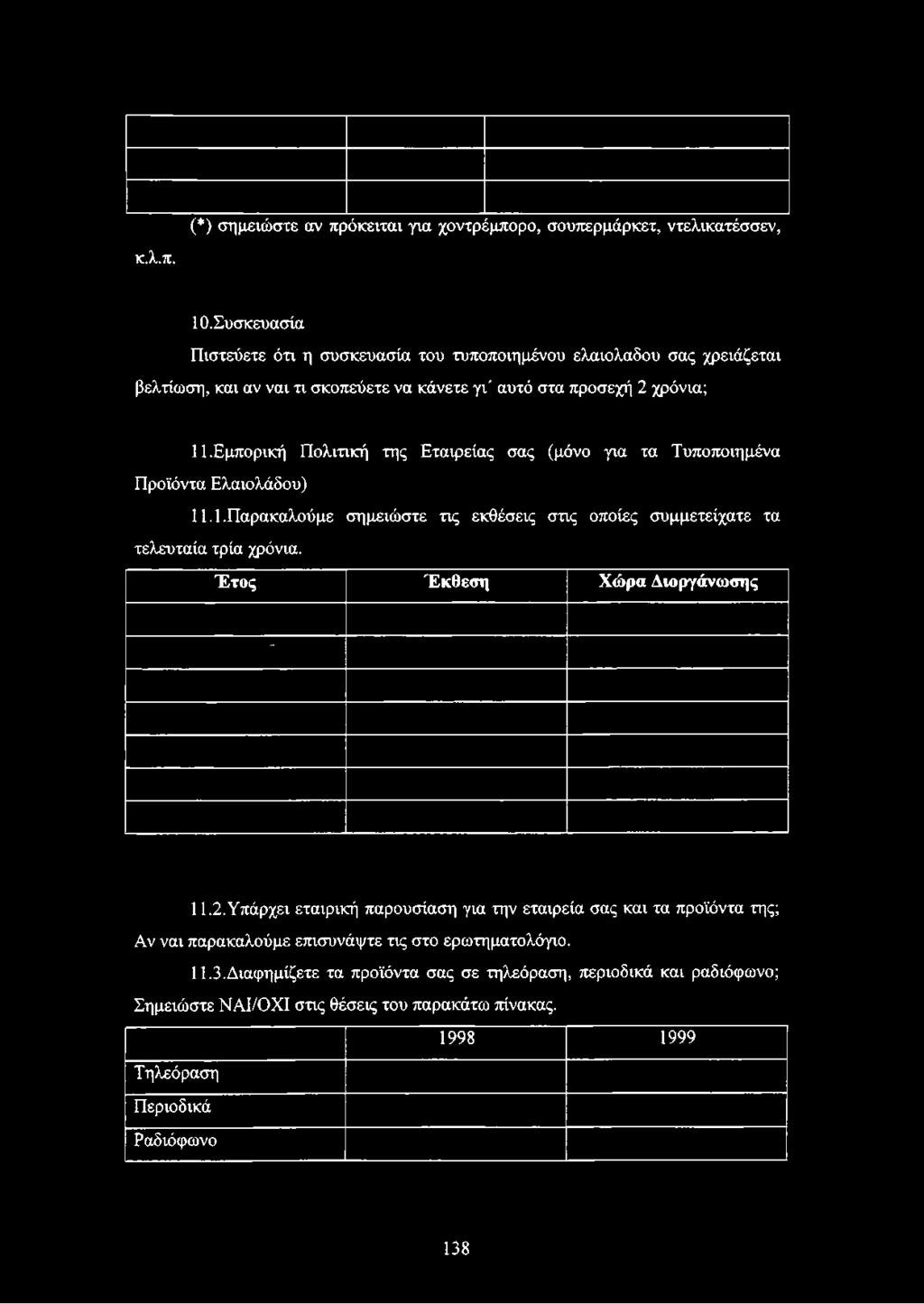 Εμπορική Πολιτική της Εταιρείας σας (μόνο για τα Τυποποιημένα Προϊόντα Ελαιολάδου) 11.1.Παρακαλούμε σημειώστε τις εκθέσεις στις οποίες συμμετείχατε τα τελευταία τρία χρόνια.