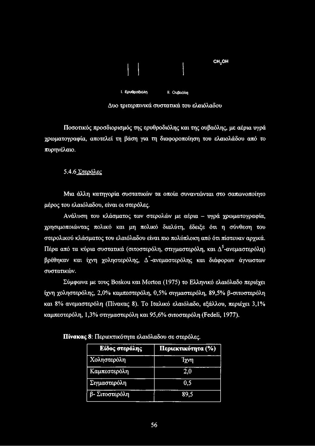 πυρηνέλαιο. 5.4.6 Στερόλες Μια άλλη κατηγορία συστατικών τα οποία συναντώνται στο σαπωνοποίητο μέρος του ελαιόλαδου, είναι οι στερόλες.