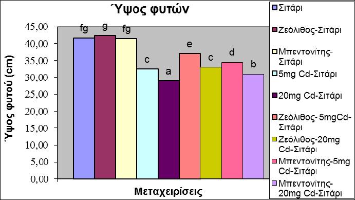 LSD: 0,737 Σχήμα 3.2.2.1.1: Ύψος φυτών σιταριού, που αναπτύχθηκαν σε έδαφος επιβαρυμένο ή μη με κάδμιο σε δύο διαφορετικές συγκεντρώσεις και εφοδιασμένο ή μη, με τα υλικά Z και B.