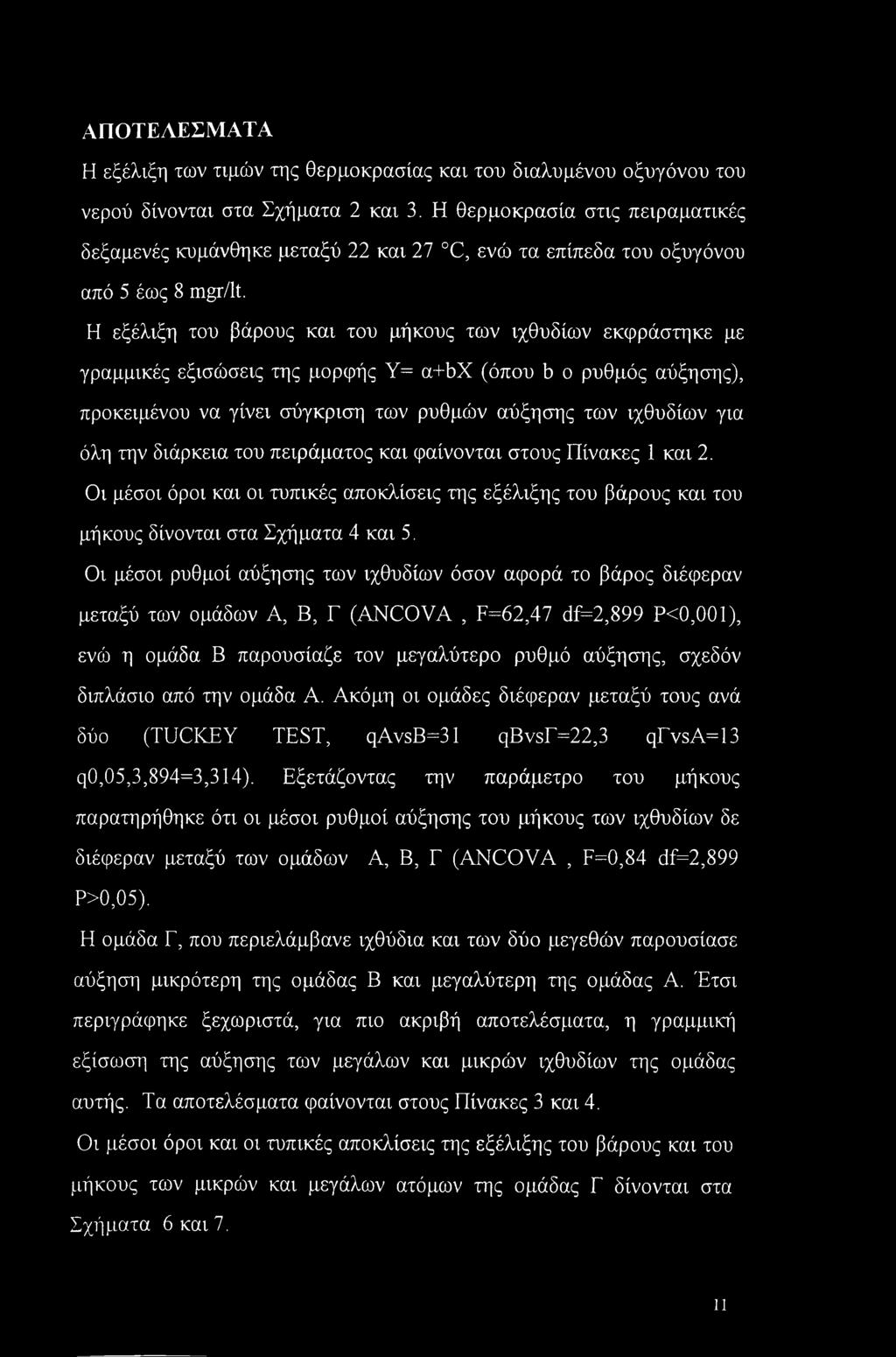 Η εξέλιξη του βάρους και του μήκους των ιχθυδίων εκφράστηκε με γραμμικές εξισώσεις της μορφής Υ= α+bx (όπου b ο ρυθμός αύξησης), προκειμένου να γίνει σύγκριση των ρυθμών αύξησης των ιχθυδίων για όλη