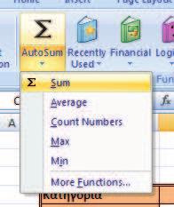 Χρήση έτοιμων συναρτήσεων Το Excel περιέχει πλήθο έτοιμων συναρτήσεων, από τι συνηθέστερε έω τι πιο πολύπλοκε και εξειδικευμένε μαθηματικέ, στατιστικέ, οικονομικέ και άλλε συναρτήσει.