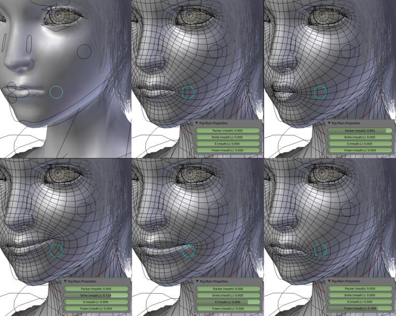 Подсистем анимација 67 9.1.4. Скелетална анимација Слика 40 - Анимација лица карактера коришћењем четири кључне позе Напредовањем хардвера, развијане су и напредније технике анимације.