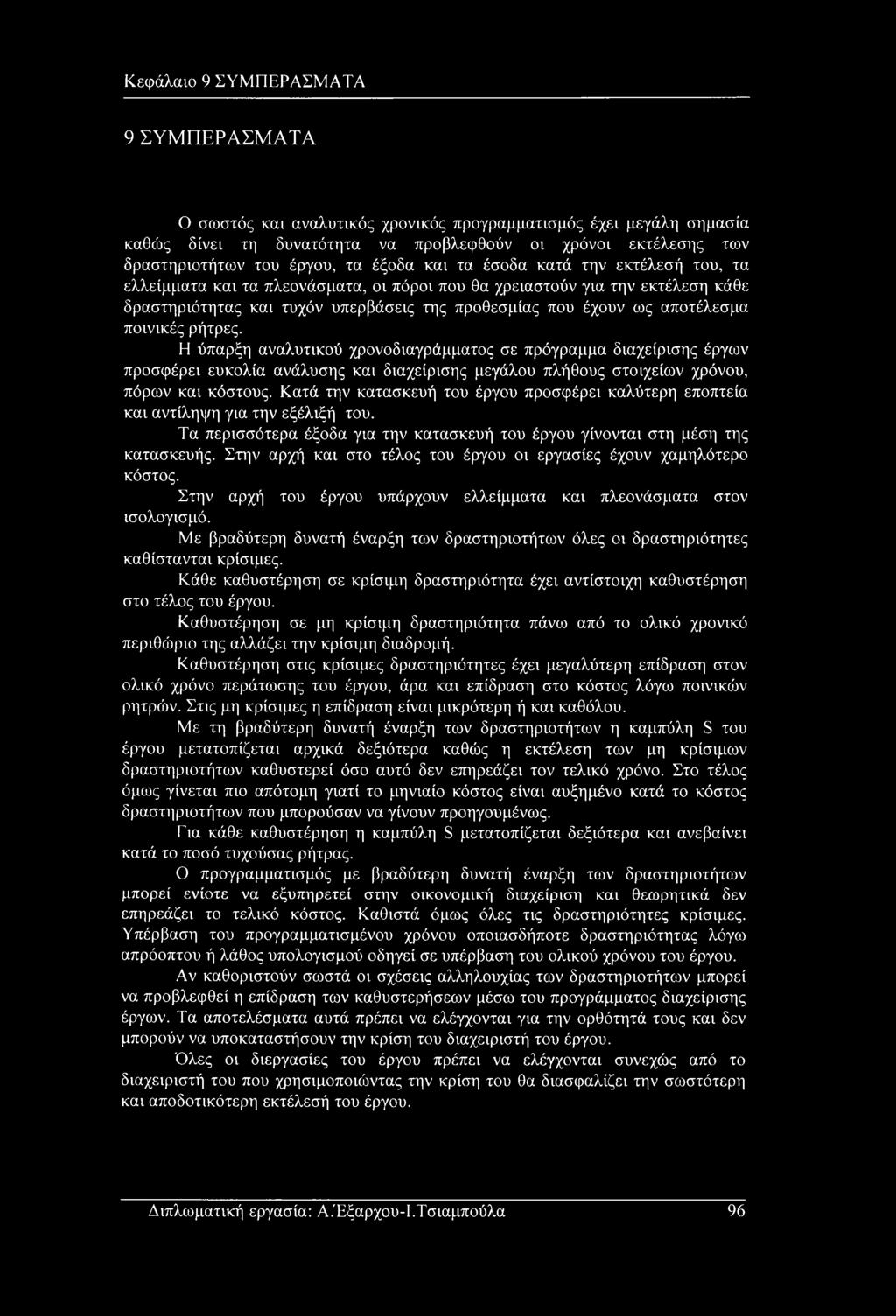 αποτέλεσμα ποινικές ρήτρες. Η ύπαρξη αναλυτικού χρονοδιαγράμματος σε πρόγραμμα διαχείρισης έργων προσφέρει ευκολία ανάλυσης και διαχείρισης μεγάλου πλήθους στοιχείων χρόνου, πόρων και κόστους.