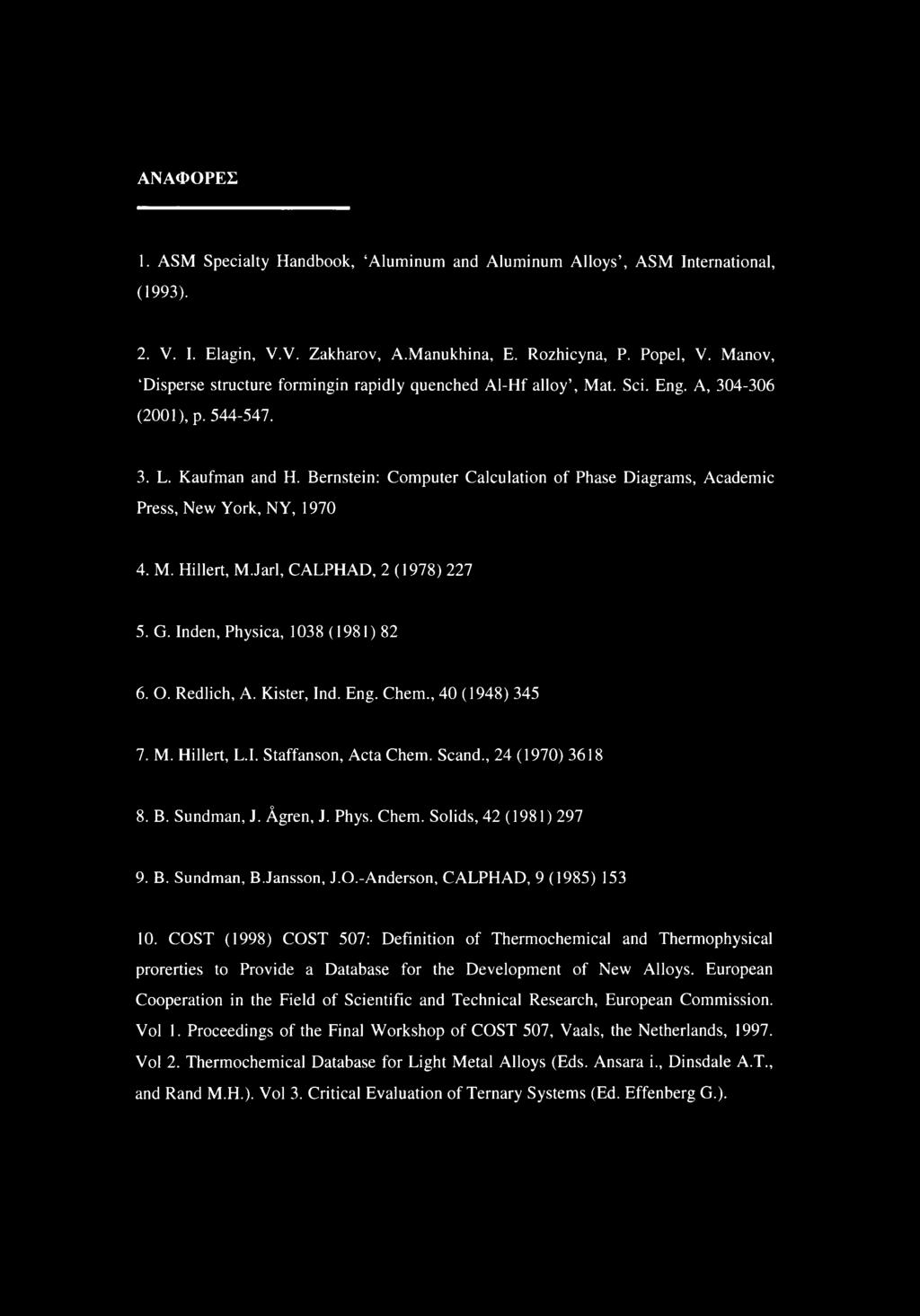 Bernstein: Computer Calculation of Phase Diagrams, Academic Press, New York, NY, 1970 4. M. Hillert, M.Jarl, CALPHAD, 2 (1978) 227 5. G. Inden, Physica, 1038 (1981) 82 6. O. Redlich, A. Kister, Ind.