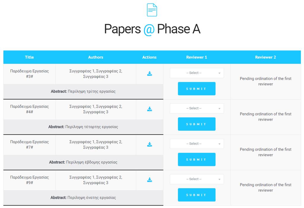 Ανάθεση paper Για να αναθέσουμε ένα paper στους reviewers του επιστημονικού μας πεδίου πατάμε το κουμπί «Ανάθεση paper» που βρίσκεται στην αρχική μας σελίδα (Εικόνα 2.1).