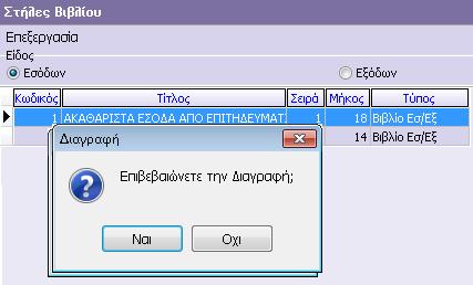 1.4 Διαγραφή: Για την διαγραφή κάποιας στήλης, γίνετε επιλογή της εγγραφής που ο χρήστης επιθυμεί να διαγράψει και επιλογή του εικονιδίου «Διαγραφή».