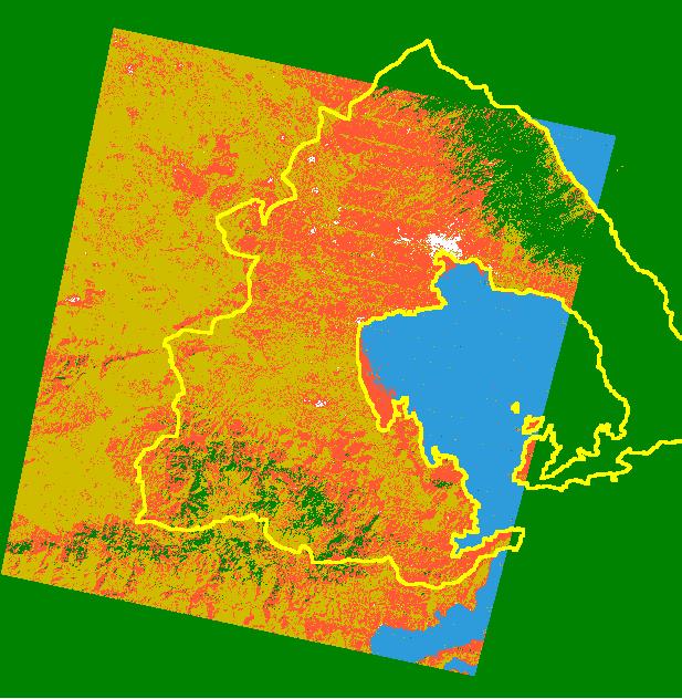 Εικόνα 1η Tαξινόμηση της μέγιστης πιθανοφάνειας με πέντε κατηγορίες κάλυψης γής υ στον Νομό Μαγνησίας βασισμένη σε δορυφορική εικόνα LANDSAT TM της 4/10/1996 Θαλάσσια περιοχή Δασικές εκτάσεις