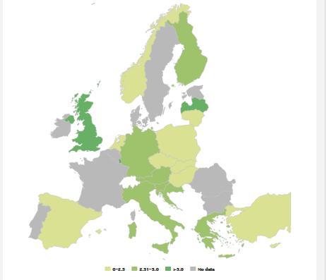 Εικόνα 14: Ποσοστό χρήσης οπιοειδών στους νέους 15-34 ετών στην Ευρώπη (EMCDDA database).