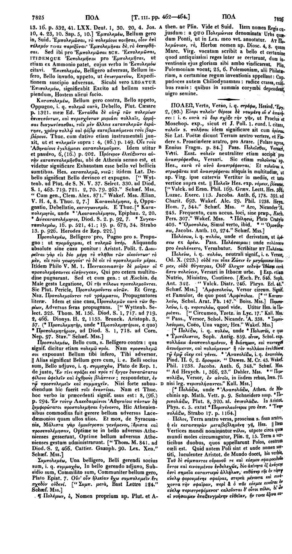 7825 ΠΟΛ [Τ. πι. pp. ι. 462 464.] ΠΟΑ?82g 13. l6. ρ. 532, 41. LXX. Deut. 1, 30. 20, 4. Jos. 10, 4. 23, 10. Sap. 5, 10.] Έμπολεμέω, Bellum gero then, ac Plin. Vide et Suid.