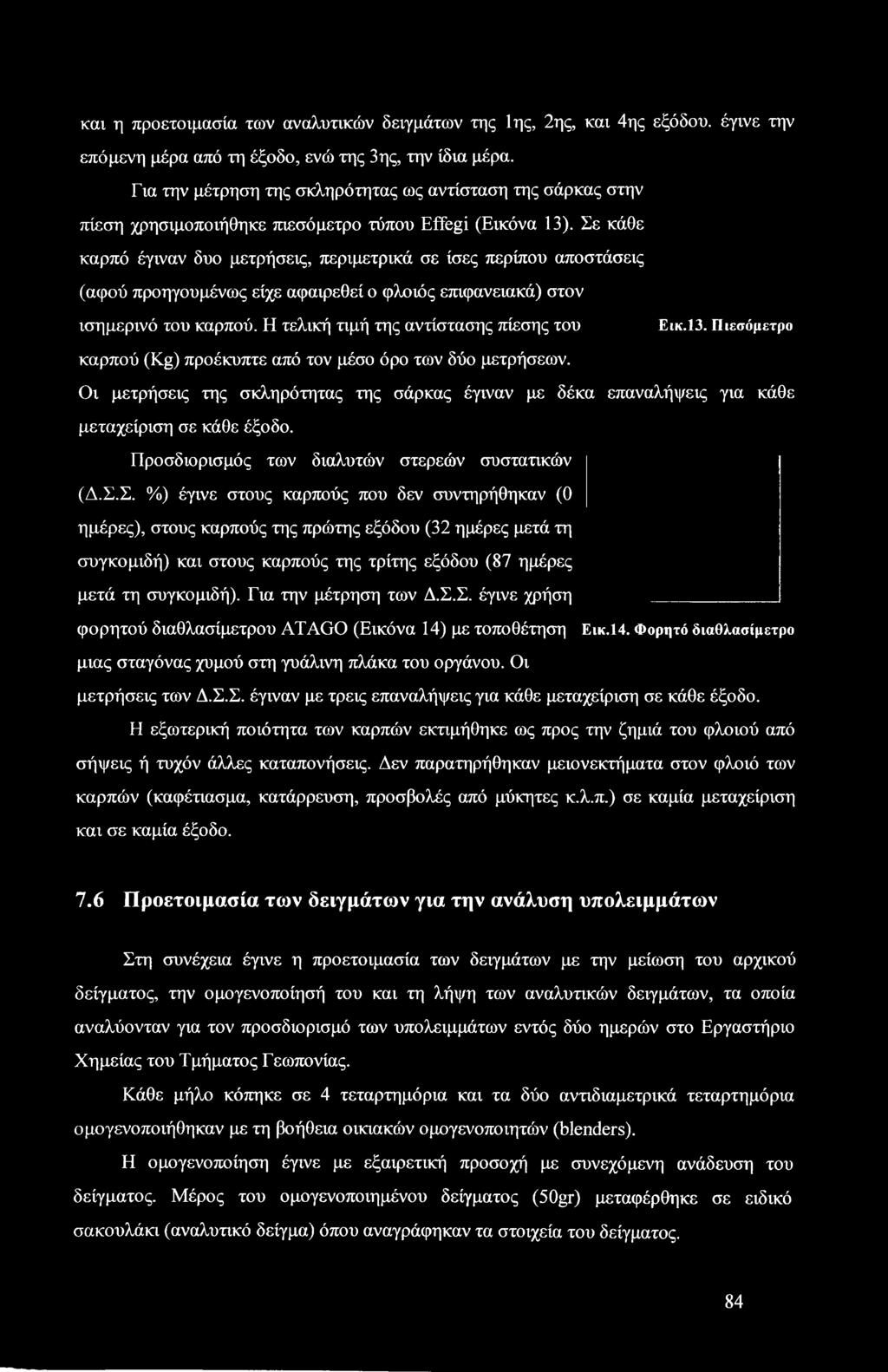 Σε κάθε καρπό έγιναν δυο μετρήσεις, περιμετρικά σε ίσες περίπου αποστάσεις (αφού προηγουμένως είχε αφαιρεθεί ο φλοιός επιφανειακά) στον ισημερινό του καρπού.