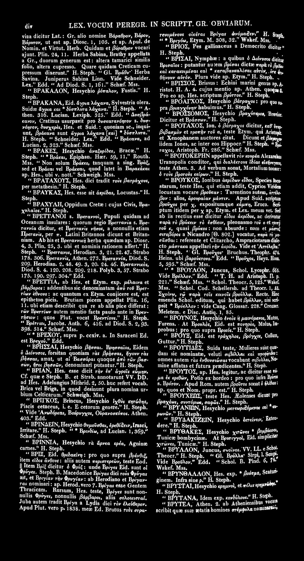 " Gl. Βράθ 1 Herba Savina. Juniperus Sabina Linn. Vide Schneider. Lex." Edd. " Ad Diod. S. 1, 161." Schaef. " ΒΡΑΚΑΛΟΝ, Hesychio βόπαλον, Fustis." H. " BPAKANA, Eid. άγρια λάχανα, Sylvestria olera.