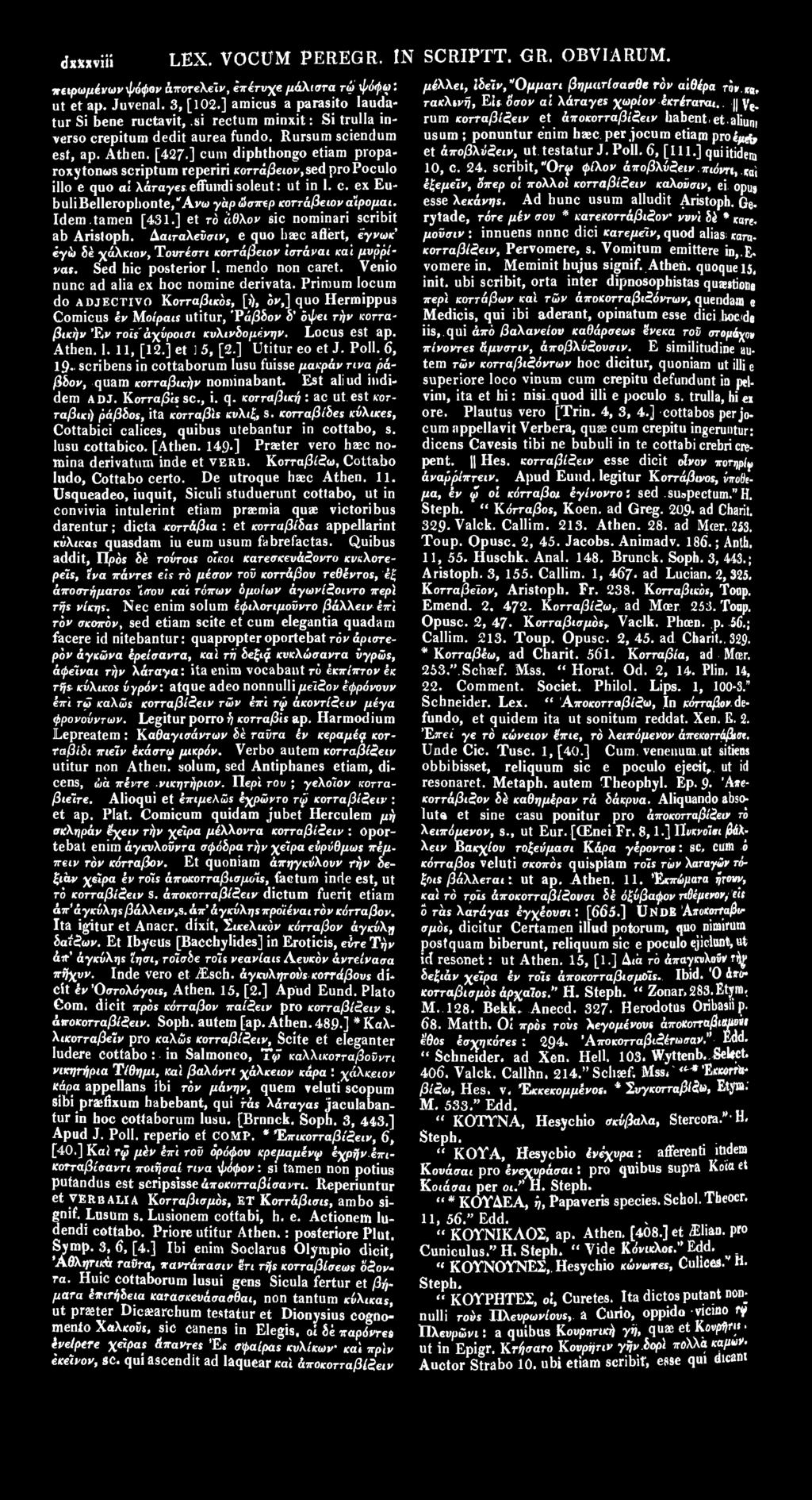 [427 ] cum diphthongo etiam proparoxytontus scriptum reperiri κοτταβείον,sed pro Poculo illo e quo ai λάταγεε effuirdi soleut: ut in 1. c. ex EubuliBellerophonte/Avw γάρώσπερ κοττάβειονα'ίρομαι.