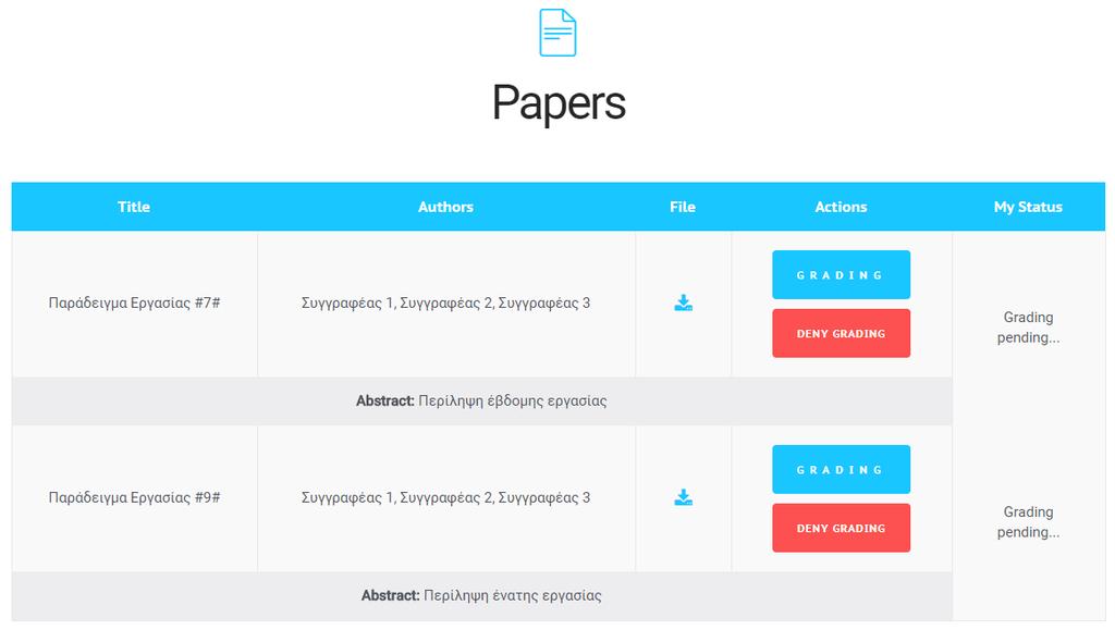 Βαθμολόγηση paper Για να βαθμολογήσουμε ένα paper που μας έχει αναθέσει ο υπεύθυνος του επιστημονικού μας πεδίου πατάμε το κουμπί «Βαθμολόγηση Paper» που βρίσκεται στην αρχική μας σελίδα (Εικόνα 2.1).