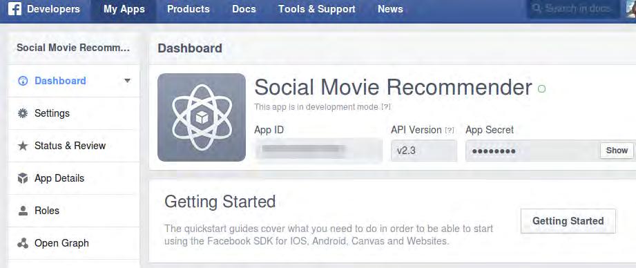 Ένας αριθμός ID θα εμφανιστεί για την εφαρμογή στο προφίλ του Facebook Developer (Εικόνα 4.2).