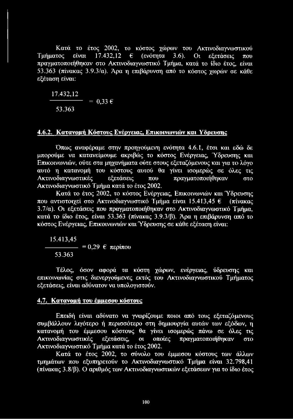 6.1, έτσι και εδώ δε μπορούμε να κατανείμουμε ακριβώς το κόστος Ενέργειας, Ύδρευσης και Επικοινωνιών, ούτε στα μηχανήματα ούτε στους εξεταζόμενους και για το λόγο αυτό η κατανομή του κόστους αυτού θα