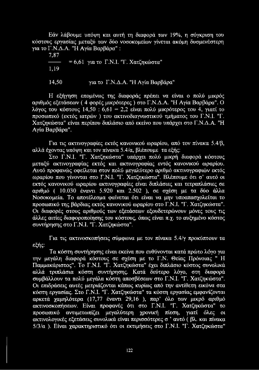 Ν.Ι. Τ. Χατζηκώστα" είναι περίπου διπλάσιο από εκείνο που υπάρχει στο Γ.Ν.Δ.Α. "Η Αγία Βαρβάρα". Για τις ακτινογραφίες εκτός κανονικού ωραρίου, από τον πίνακα 5.