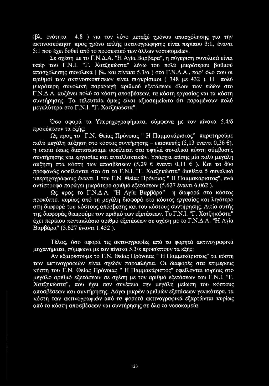 Η πολύ μικρότερη συνολική παραγωγή αριθμού εξετάσεων όλων των ειδών στο Γ.Ν.Δ.Α. αυξάνει πολύ τα κόστη αποσβέσεων, τα κόστη εργασίας και τα κόστη συντήρησης.