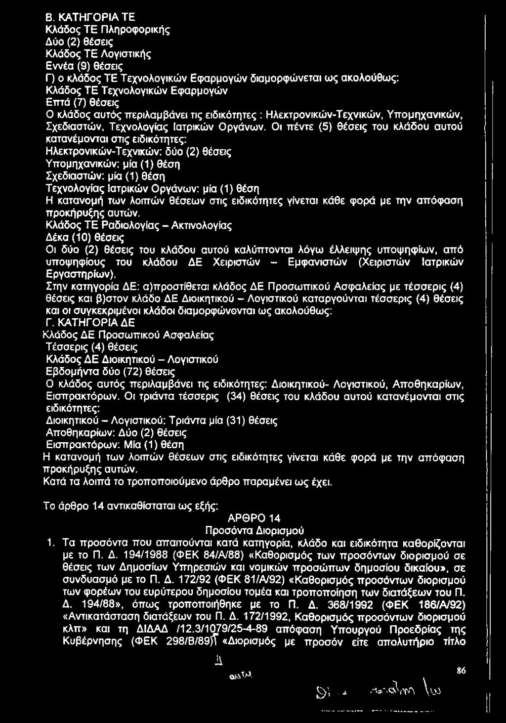 Οι π έντε (5 ) θέσ εις του κλά δ ο υ α υτο ύ κατανέμονται στις ειδικότητες: Η λεκτρονικώ ν-τεχνικώ ν: δύο (2) θέσεις Υ π ομηχανικώ ν: μία (1 ) θέσ η Σχεδιασ τώ ν: μία (1 ) θέσ η Τ εχνολογία ς Ιατρικώ