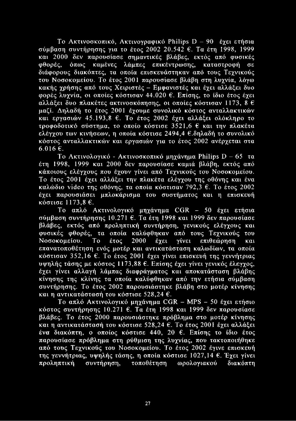 του Νοσοκομείου. Το έτος 2001 παρουσίασε βλάβη στη λυχνία, λόγω κακής χρήσης από τους Χειριστές - Εμφανιστές και έχει αλλάξει δυο φορές λυχνία, οι οποίες κόστισαν 44.020.