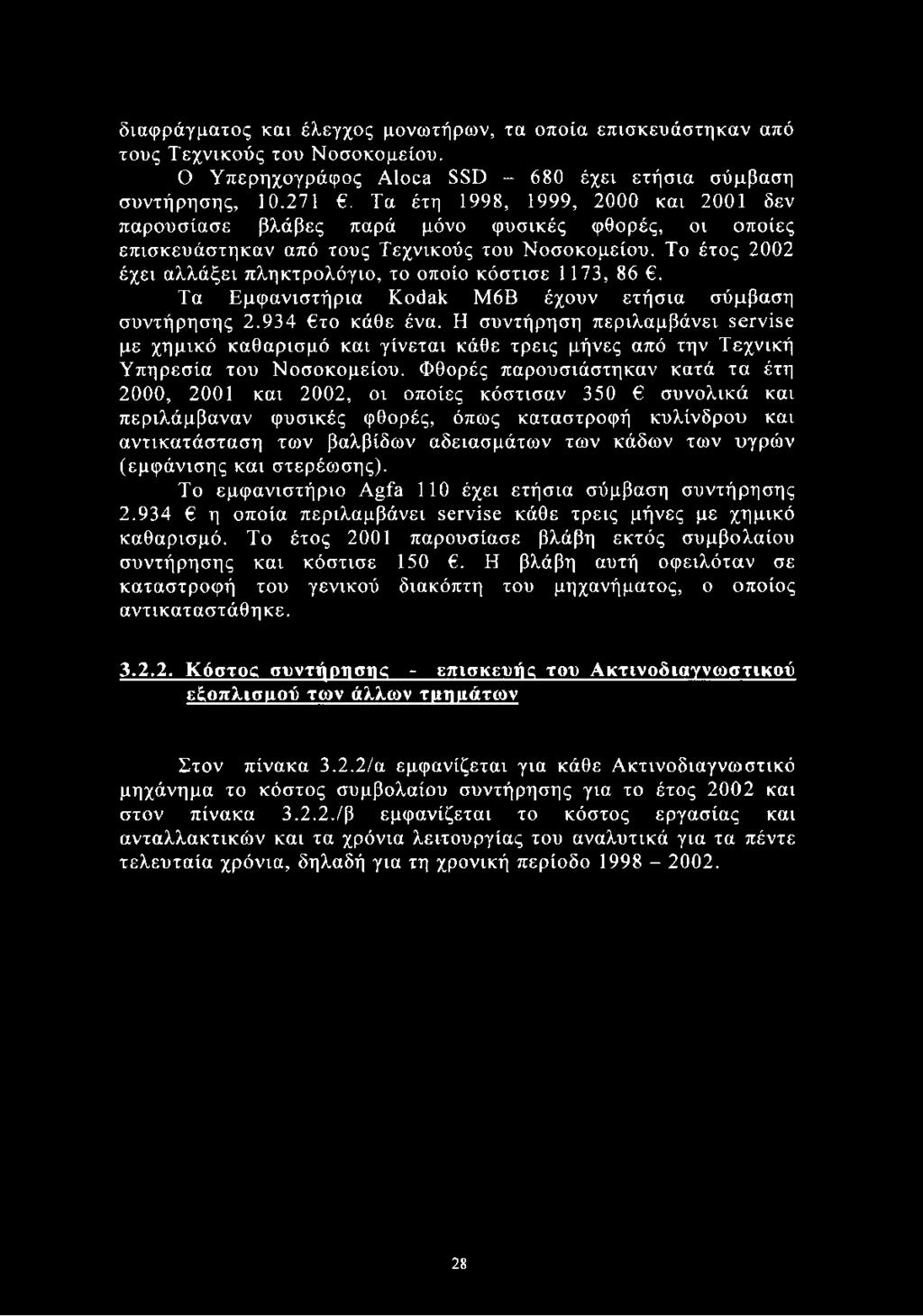 Το έτος 2002 έχει αλλάξει πληκτρολόγιο, το οποίο κόστισε 1173, 86. Τα Εμφανιστήρια Kodak Μ6Β έχουν ετήσια σύμβαση συντήρησης 2.934 το κάθε ένα.