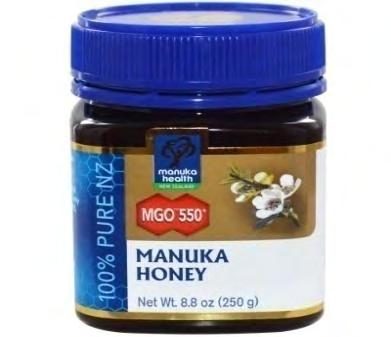 2.1.2 Μέλι Manuka Χρησιμοποιήθηκε μέλι Manuka 550+ και UMF 25+ από την εταιρία Manuka health με έδρα την Νέα Ζηλανδία, το οποίο περιέχει τουλάχιστον 550mg/kg μέθυλ-γλυοξάλης και ανήκει στην κατηγορία
