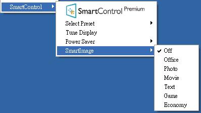 3. Βελτιστοποίηση εικόνας Tune Display (Συντονισμός οθόνης) - Ανοίγει τον πίνακα ελέγχου του SmartControl Premium. SmartImage - Ελέγξτε τις τρέχουσες ρυθμίσεις: Off (Απενεργ.