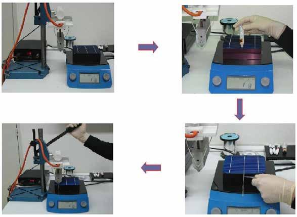 85 Εικόνα 4.4 Βήματα κατασκευής των ωμικών συνδέσεων σε μονοκρυσταλλικό στοιχείο πυριτίου 3 busbars. Όπως φαίνεται στην εικόνα 4.
