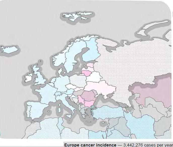 Στον παρακάτω χάρτη (Εικόνα 1.2) αντίστοιχα όπως και στον προηγούμενο παρουσιάζεται η επίπτωση του καρκίνου του τραχήλου της μήτρας πιο αναλυτικά στις χώρες της Ευρώπης για τη χρονιά 2012.