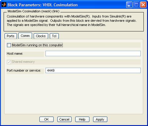 Παράρτημα Γ Σχήμα Γ.2.ε VHDL Cosimulation Block Καρτέλα Comm Στην τρίτη καρτέλα (σχήμα Γ.