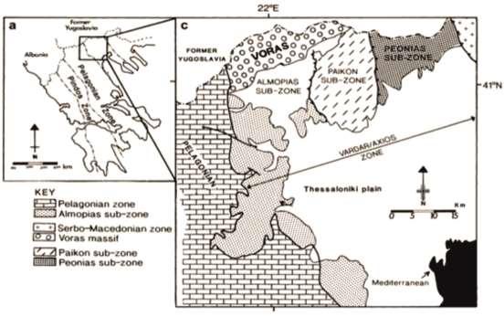 3.1 Ζώνη Αξιού Η περιοχή μελέτης μας βρίσκεται εντός της ζώνης του Αξιού, που συχνά αναφέρεται στη διεθνή βιβλιογραφία με το όνομα Vardar-Axios Zone, ανήκει στις Εσωτερικές Ελληνίδες και αρχικά