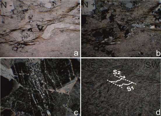 Σχήμα 20. a, b: Κα-04. Κινηματική. C: Ka-03.πλαγιοκλαστα σερικιτιωμενα. Το χαλαζιοασρτιούχο υλικό πληρώνει τις ρωγμές των αστρίων. Η τεκτονική έδρασε μεταξύ δύο μαγματικών επεισοδίων.